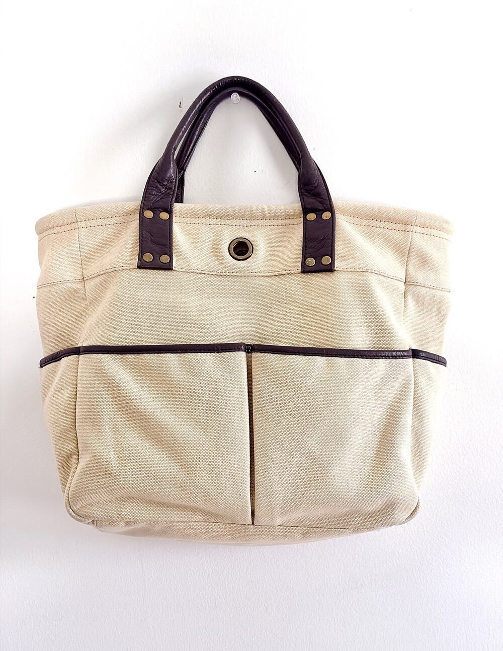 LEVENGER BEIGE CANVAS TOTE BAG WITH DARK BROWN LEATHER DETAILS